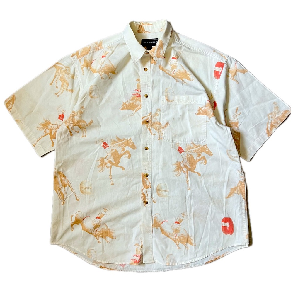 VINTAGE BIT & BRIDLE Western Cowboy Print Short Sleeve Shirt Large Rodeo Horse - Picture 2 of 14